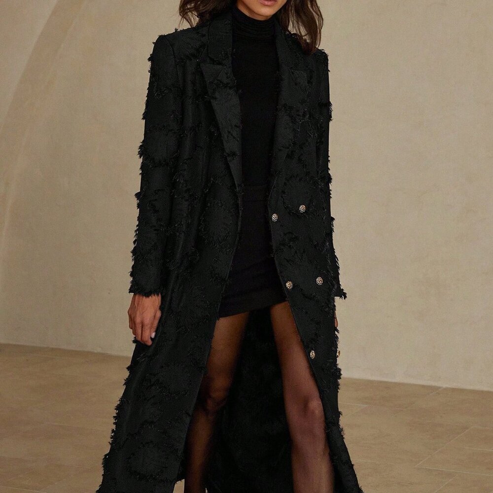 Black Elegant Women's Windbreaker Jacket with Thick 3D Embroidery